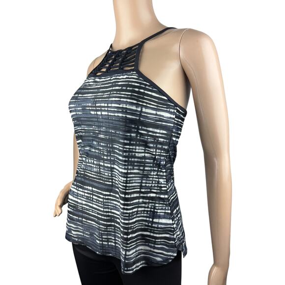 Free Country Black Striped Built-in Bra Spaghetti Strap Tankini Swim Top Size S - Picture 3 of 5